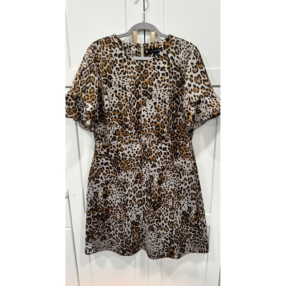 Banana Republic Leopard Print Ruffle Sleeve Sheath Dress Brown Black Size 12